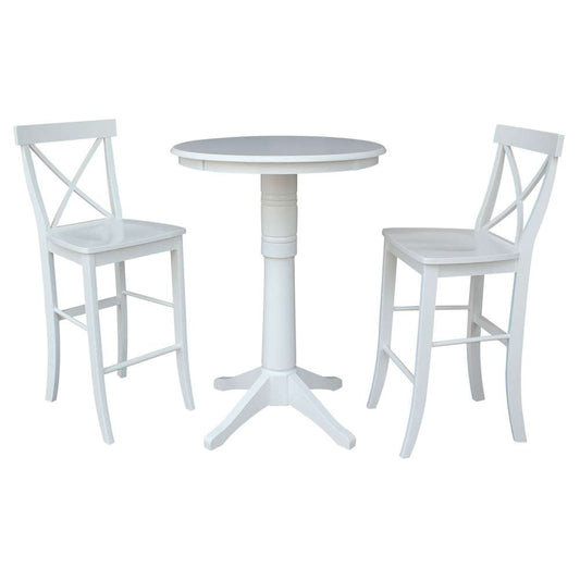 International Concepts (Set of 3 Pcs) - 30in Round Pedestal Bar Height Table with 2 X-Back Bar Height Stools in White Finish - K08-30RT-27B-S6133 veiw 1