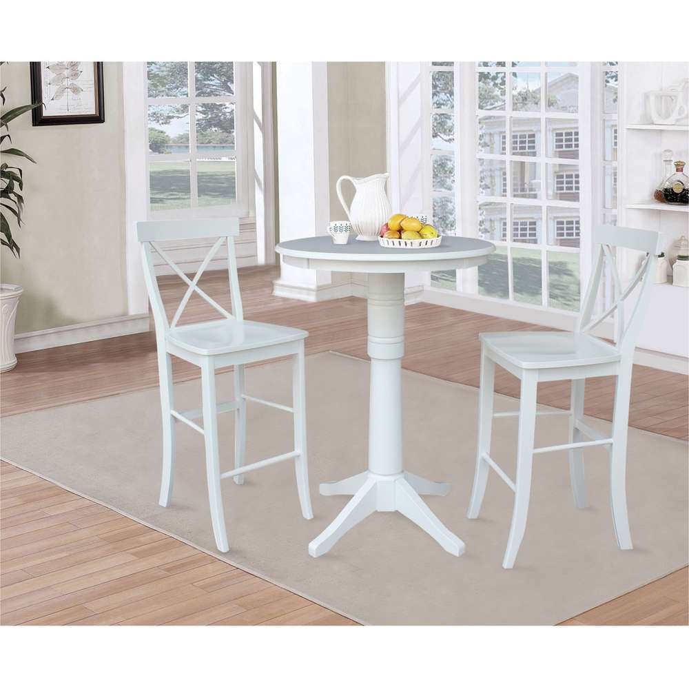 International Concepts (Set of 3 Pcs) - 30in Round Pedestal Bar Height Table with 2 X-Back Bar Height Stools in White Finish - K08-30RT-27B-S6133 veiw 2