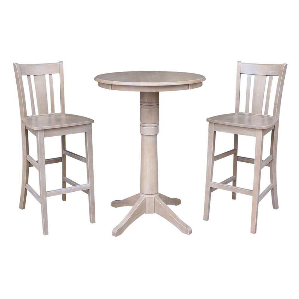International Concepts (Set of 3 Pcs) - 30in Round Pedestal Bar Height Table with 2 San Remo Bar Height Stools in Washed Gray Taupe Finish - K09-30RT-27B-6B-2-S103-2 veiw 1