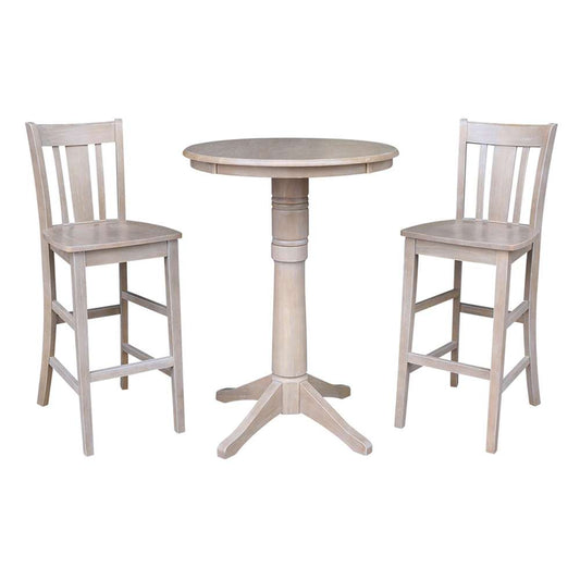 International Concepts (Set of 3 Pcs) - 30in Round Pedestal Bar Height Table with 2 San Remo Bar Height Stools in Washed Gray Taupe Finish - K09-30RT-27B-6B-2-S103-2 veiw 1
