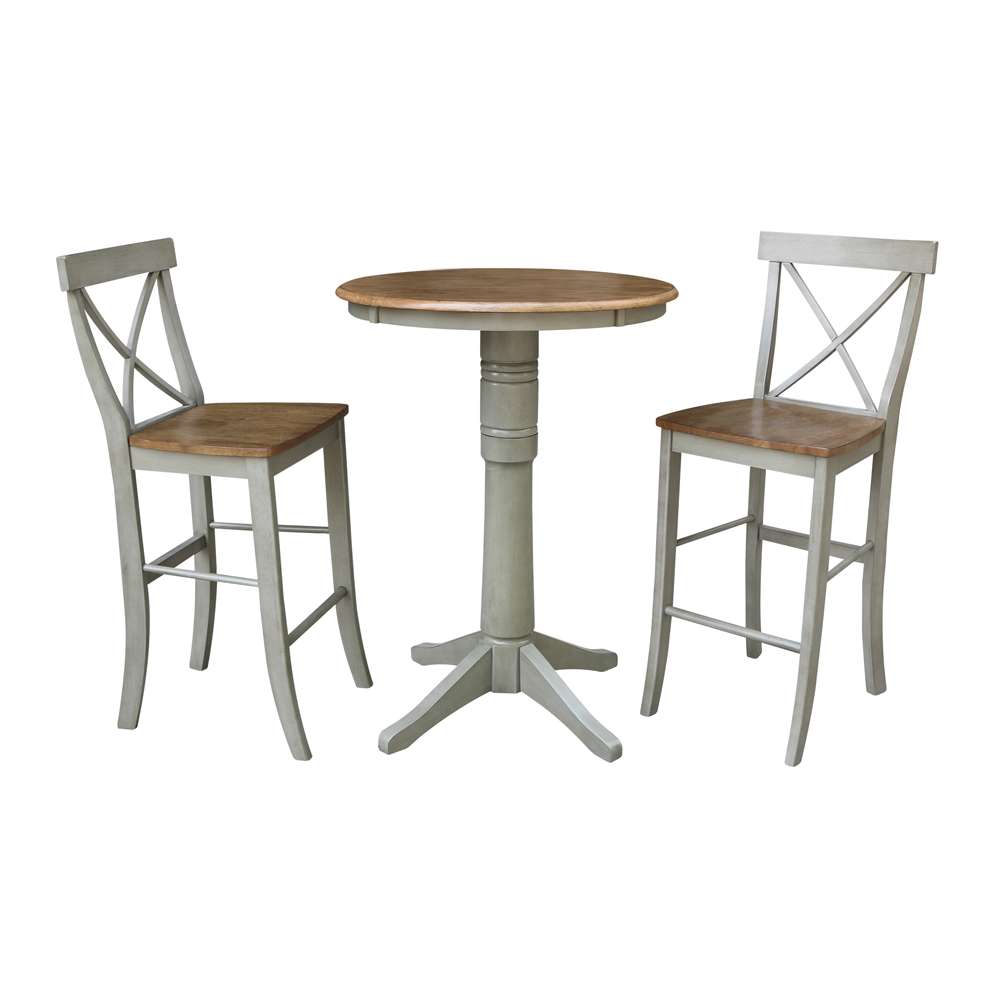 International Concepts (Set of 3 Pcs) - 30in Round Pedestal Bar Height Table with 2 X-Back Bar Height Stools in Hickory/Stone Finish - K41-30RT-27B-S6133-2 veiw 1