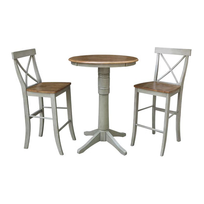 International Concepts (Set of 3 Pcs) - 30in Round Pedestal Bar Height Table with 2 X-Back Bar Height Stools in Hickory/Stone Finish - K41-30RT-27B-S6133-2 veiw 1