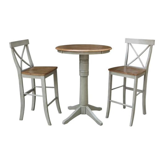 International Concepts (Set of 3 Pcs) - 30in Round Pedestal Bar Height Table with 2 X-Back Bar Height Stools in Hickory/Stone Finish - K41-30RT-27B-S6133-2 veiw 1