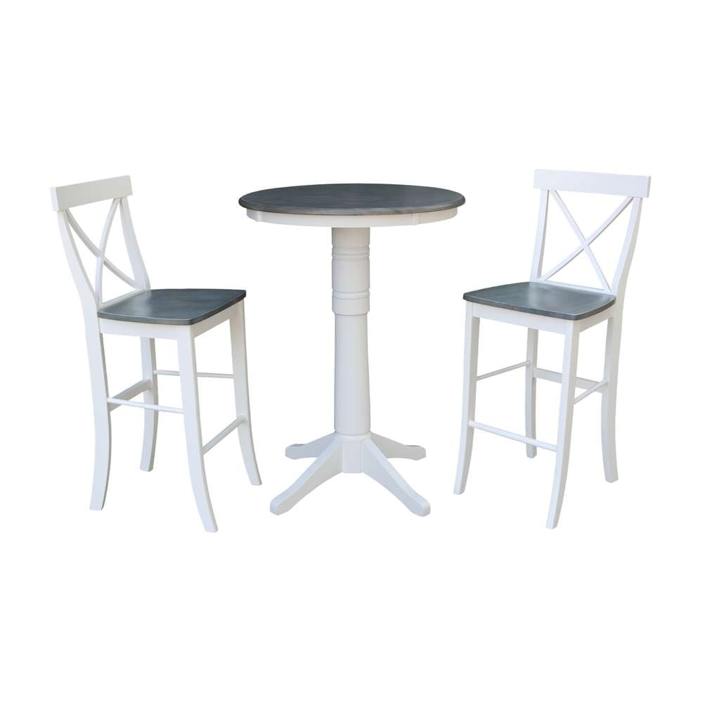 International Concepts (Set of 3 Pcs) - 30in Round Pedestal Bar Height Table with 2 X-Back Bar Height Stools in White/Heather Gray Finish - K05-30RT-27B-S6133-2 veiw 1