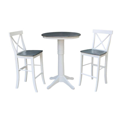 International Concepts (Set of 3 Pcs) - 30in Round Pedestal Bar Height Table with 2 X-Back Bar Height Stools in White/Heather Gray Finish - K05-30RT-27B-S6133-2 veiw 1
