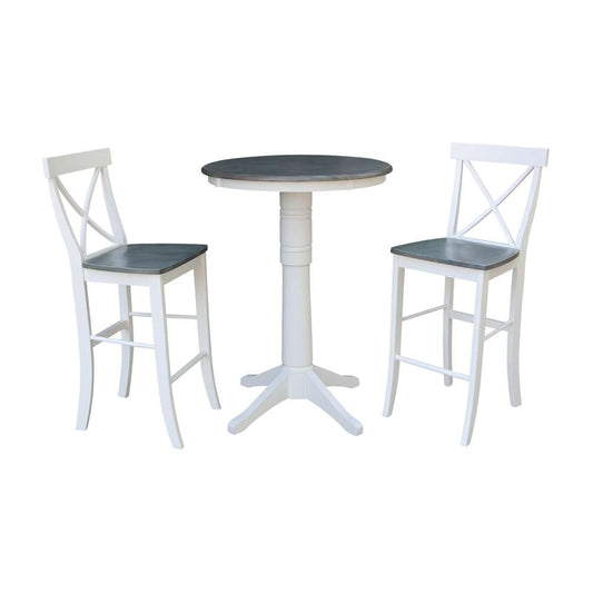 International Concepts (Set of 3 Pcs) - 30in Round Pedestal Bar Height Table with 2 X-Back Bar Height Stools in White/Heather Gray Finish - K05-30RT-27B-S6133-2 veiw 1