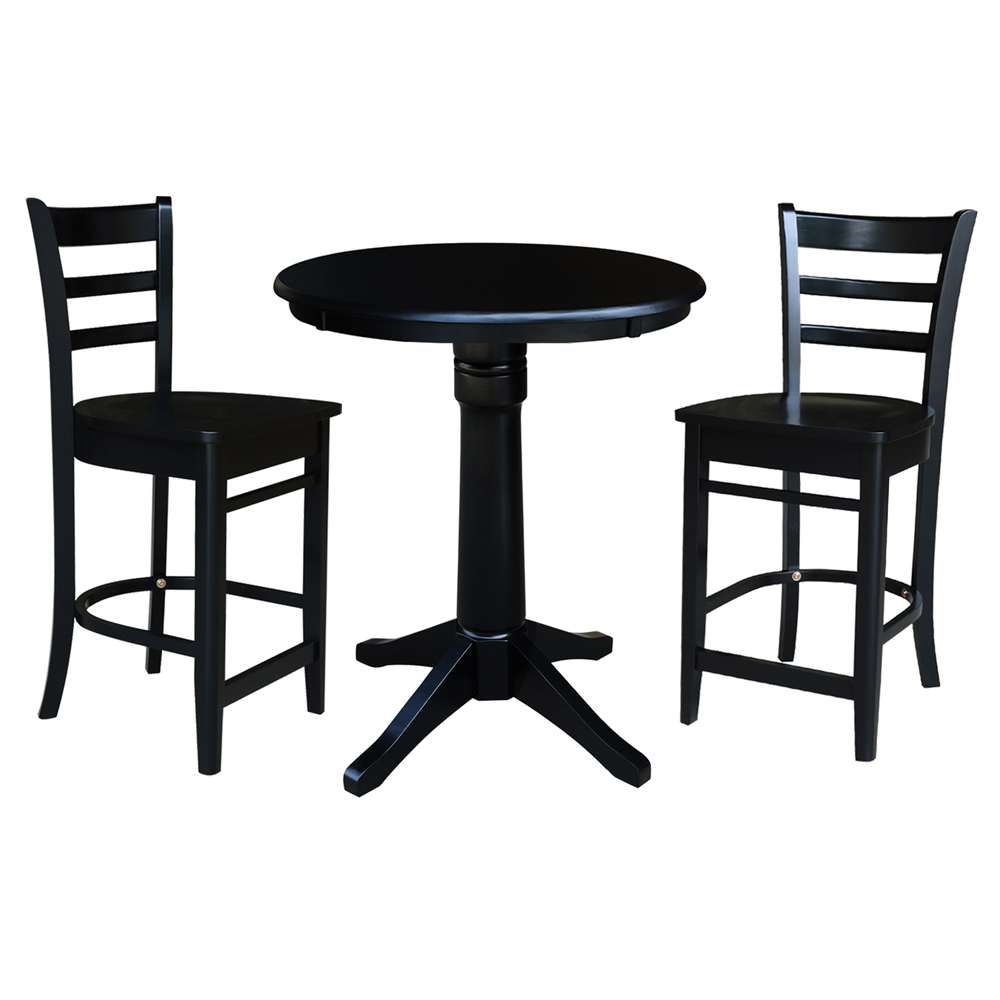International Concepts (Set of 3 Pcs) - 30in Round Pedestal Gathering Height Table with 2 Counter Height Stools in Black Finish - K46-30RT-27B-S6172-2 veiw 1