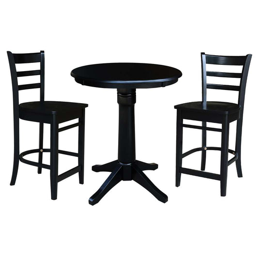 International Concepts (Set of 3 Pcs) - 30in Round Pedestal Gathering Height Table with 2 Counter Height Stools in Black Finish - K46-30RT-27B-S6172-2 veiw 1