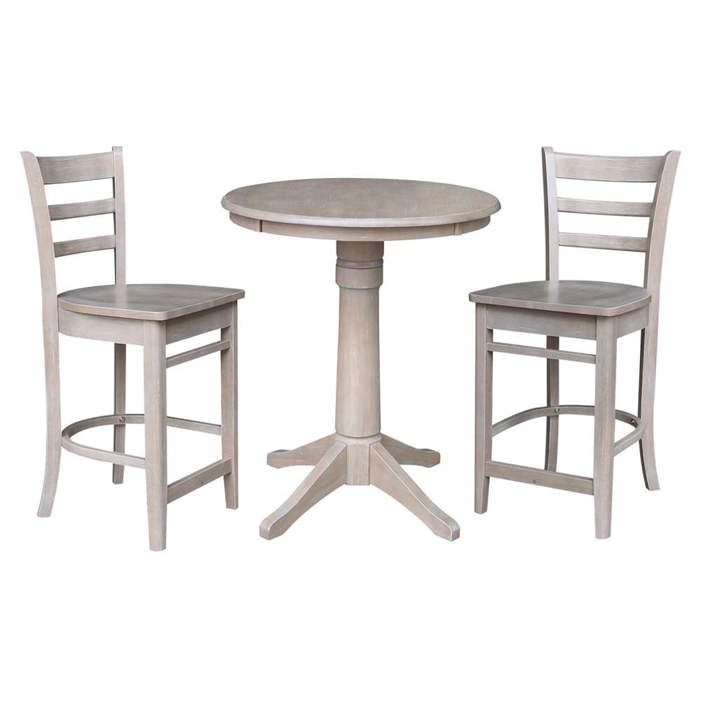 International Concepts (Set of 3 Pcs) - 30in Round Pedestal Gathering Height Table with 2 Counter Height Stools in Washed Gray Taupe Finish - K09-30RT-27B-S6172-2 veiw 1