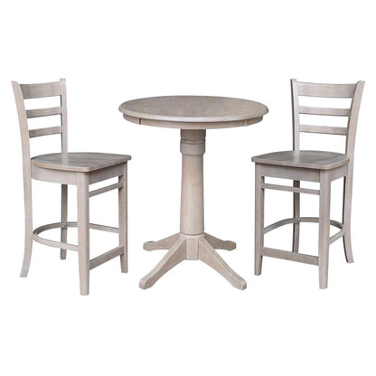 International Concepts (Set of 3 Pcs) - 30in Round Pedestal Gathering Height Table with 2 Counter Height Stools in Washed Gray Taupe Finish - K09-30RT-27B-S6172-2 veiw 1