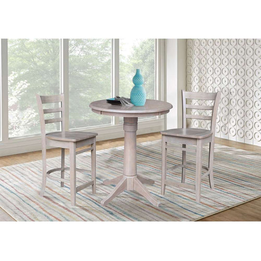 International Concepts (Set of 3 Pcs) - 30in Round Pedestal Gathering Height Table with 2 Counter Height Stools in Washed Gray Taupe Finish - K09-30RT-27B-S6172-2 veiw 2