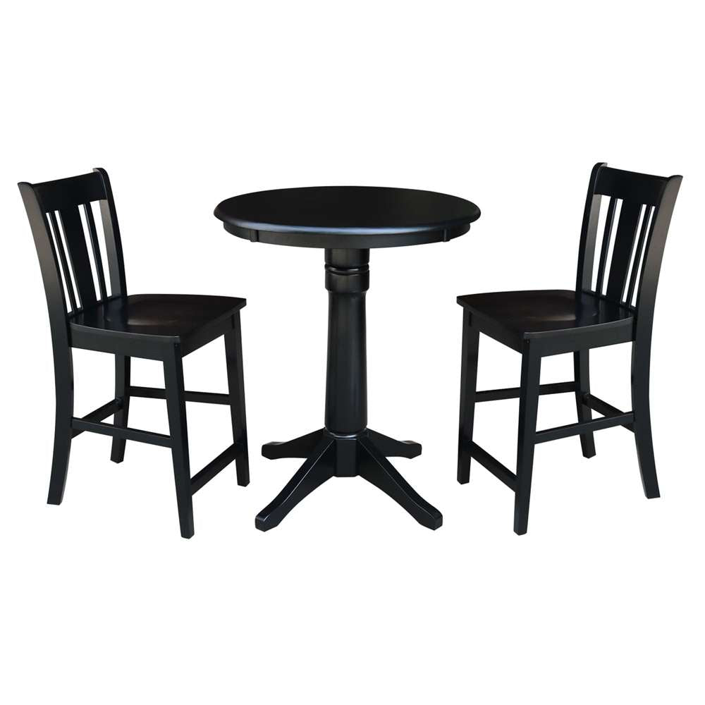 International Concepts (Set of 3 Pcs) - 30in Round Pedestal Gathering Height Table with 2 San Remo Counter Height Stools in Black Finish - K46-30RT-27B-S102-2 veiw 1
