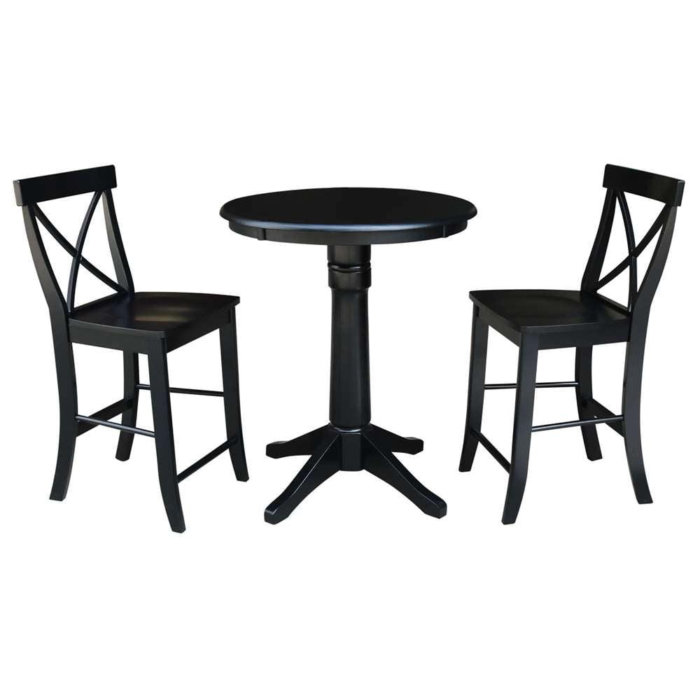 International Concepts (Set of 3 Pcs) - 30in Round Pedestal Gathering Height Table with 2 X-Back Counter Height Stools in Black Finish - K46-30RT-27B-S6132-2 veiw 1