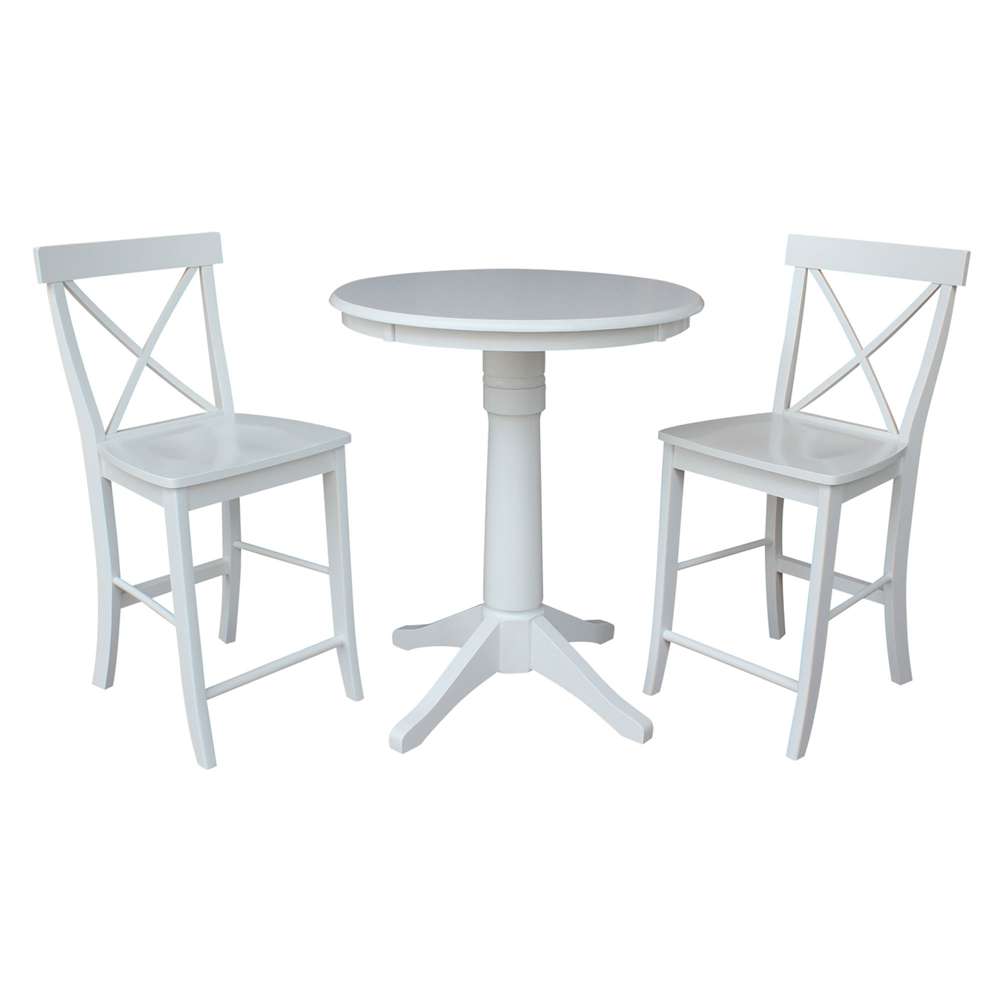 International Concepts (Set of 3 Pcs) - 30in Round Pedestal Gathering Height Table with 2 X-Back Counter Height Stools in White Finish - K08-30RT-27B-S6132 veiw 1