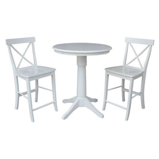 International Concepts (Set of 3 Pcs) - 30in Round Pedestal Gathering Height Table with 2 X-Back Counter Height Stools in White Finish - K08-30RT-27B-S6132 veiw 1