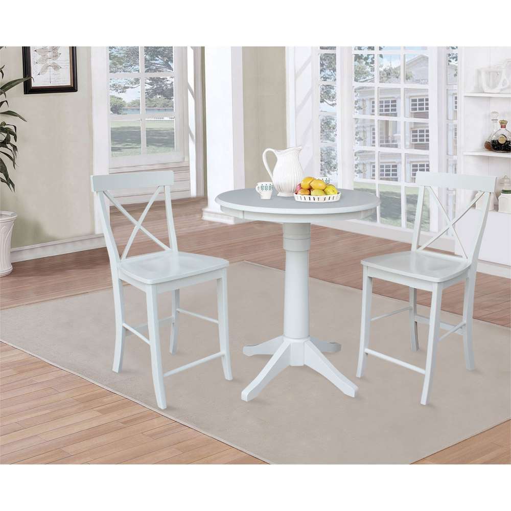 International Concepts (Set of 3 Pcs) - 30in Round Pedestal Gathering Height Table with 2 X-Back Counter Height Stools in White Finish - K08-30RT-27B-S6132 veiw 2