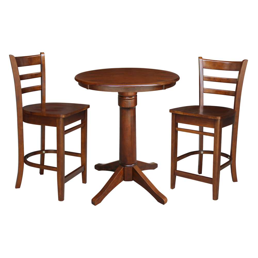 International Concepts (Set of 3 Pcs) - 30in Round Pedestal Table with 2 RTA Counter Height Stools in Espresso Finish - K581-30RT-27-S6172-2 veiw 1
