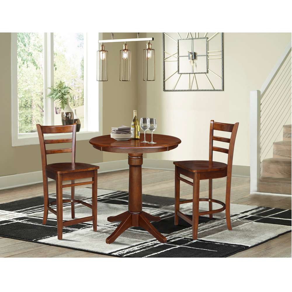 International Concepts (Set of 3 Pcs) - 30in Round Pedestal Table with 2 RTA Counter Height Stools in Espresso Finish - K581-30RT-27-S6172-2 veiw 2