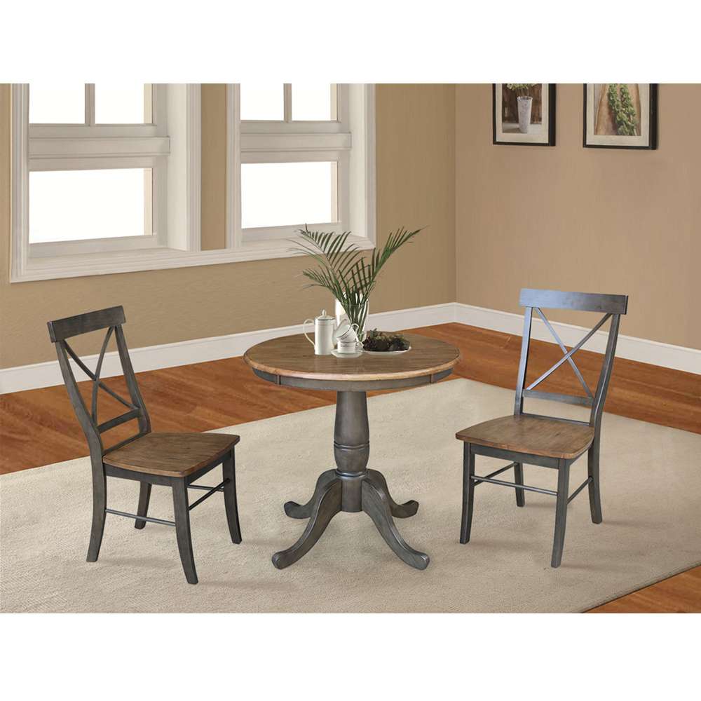International Concepts (Set of 3 Pcs) -30in Round Top Ped Table with 2 X-Back Chairs in Hickory/Washed Coal Finish - K45-30RT-C613-2 veiw 3