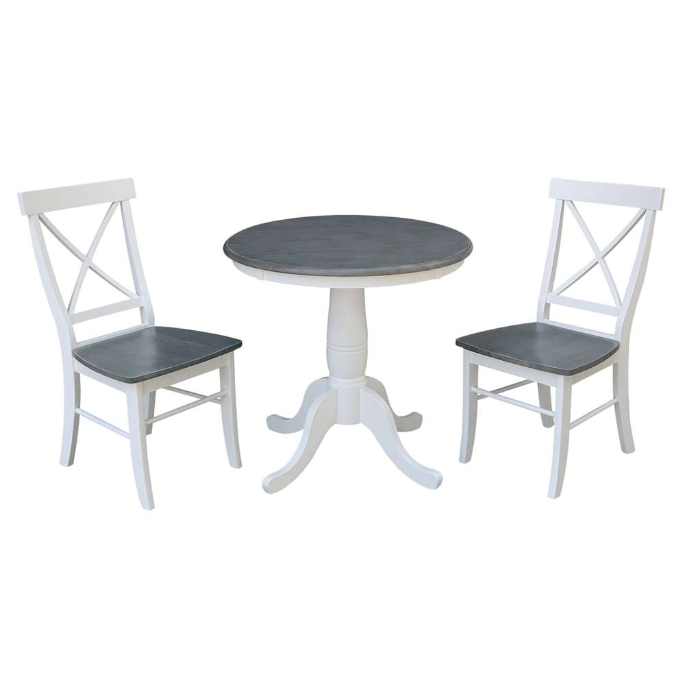 International Concepts (Set of 3 Pcs) -30in Round Top Ped Table with 2 X-Back Chairs in White/Heather Gray Finish - K05-30RT-C613-2 veiw 1
