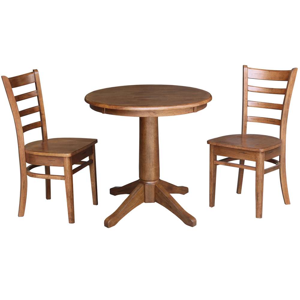 International Concepts (Set of 3 Pcs) -30in Round Top Ped Table with 2 Emily Chairs in Distressed Oak Finish - K42-30RT-27B-C617-2 veiw 1