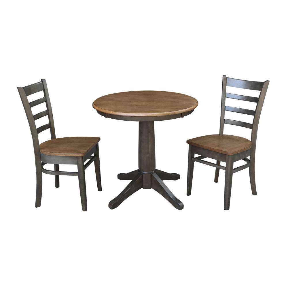International Concepts (Set of 3 Pcs) -30in Round Top Ped Table with 2 Emily Chairs in Hickory/Washed Coal Finish - K45-30RT-27B-C617P veiw 1
