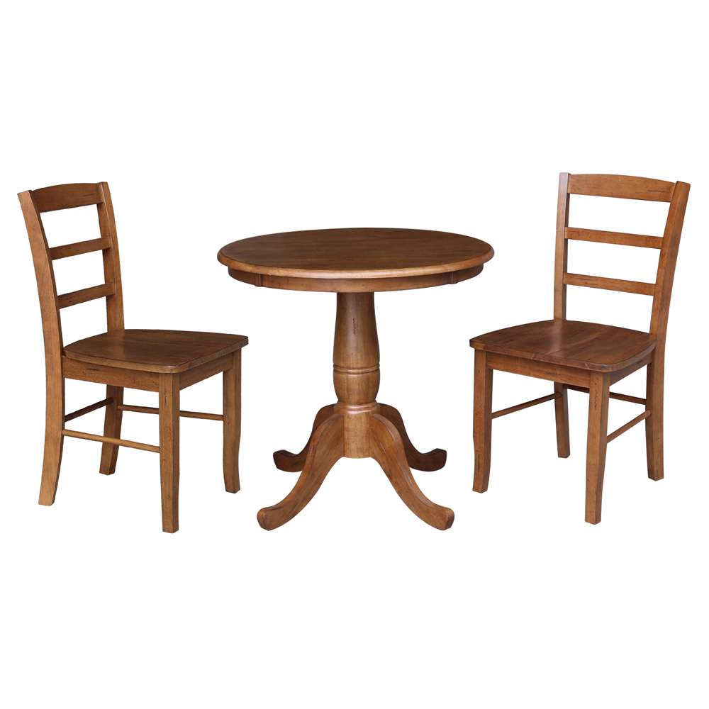 International Concepts (Set of 3 Pcs) -30in Round Top Ped Table with 2 RTA Chairs in Distressed Oak Finish - K42-30RT-C2-2 veiw 1