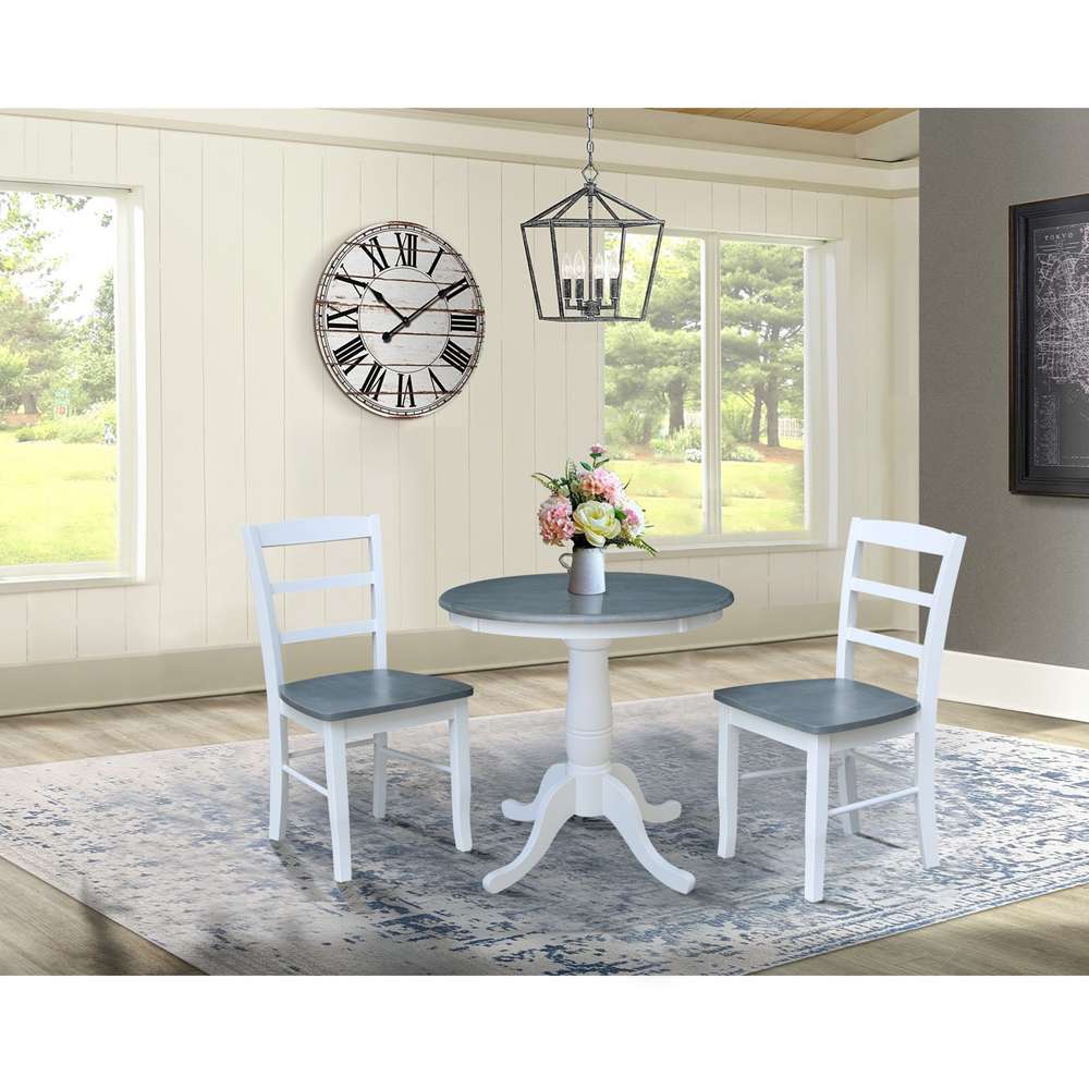 International Concepts (Set of 3 Pcs) -30in Round Top Ped Table with 2 RTA Chairs in White/Heather Gray Finish - K05-30RT-C2-2 veiw 3