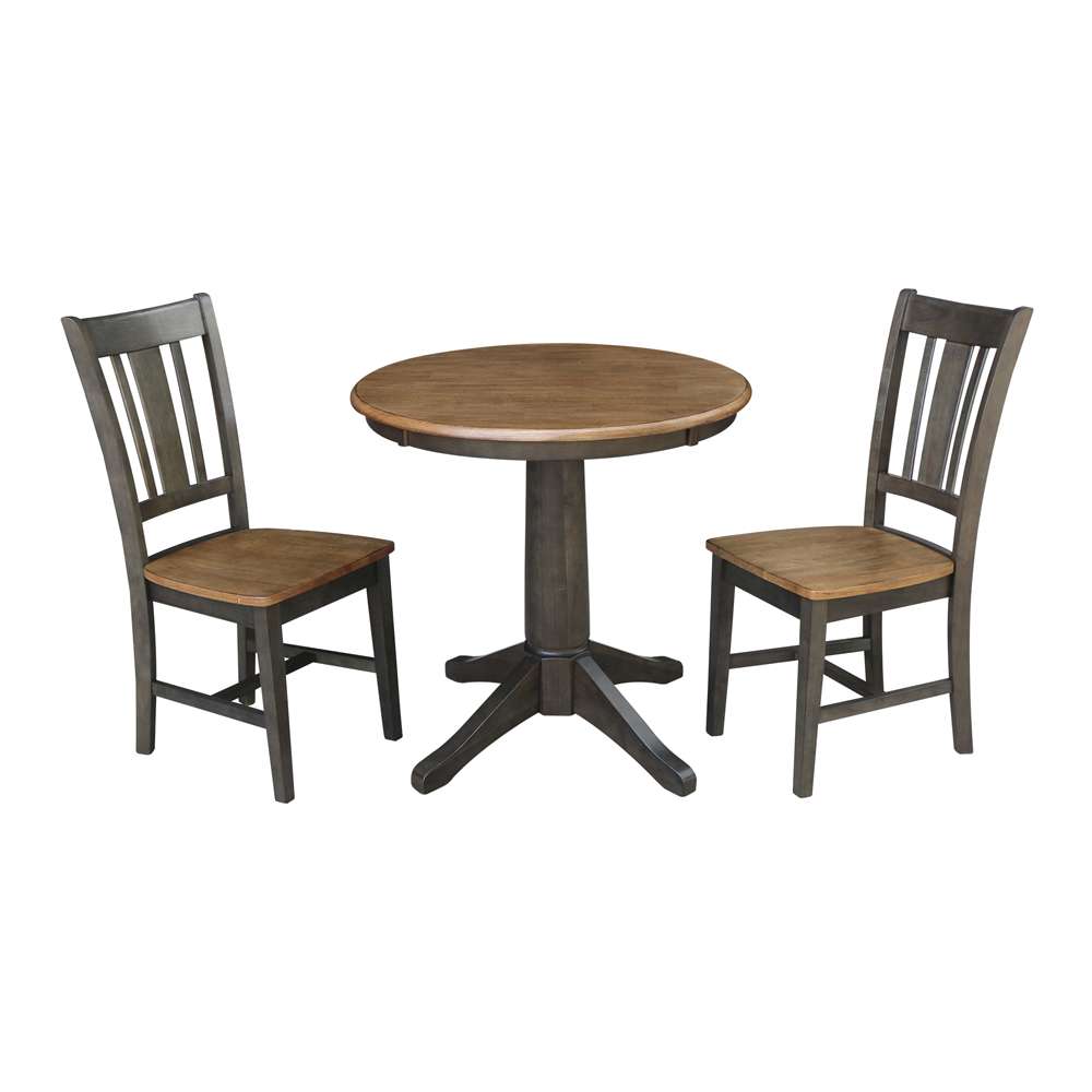 International Concepts (Set of 3 Pcs) -30in Round Top Ped Table with 2 San Remo Chairs in Hickory/Washed Coal Finish - K45-30RT-27B-C10-2 veiw 1