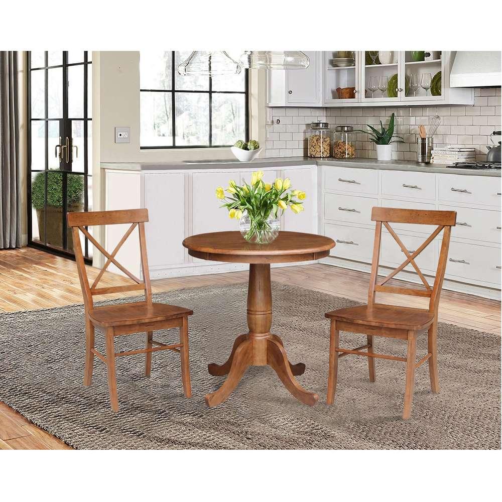 International Concepts (Set of 3 Pcs) -30in Round Top Ped Table with 2 X-Back Chairs in Distressed Oak Finish - K42-30RT-C613-2 veiw 3