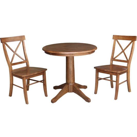 International Concepts (Set of 3 Pcs) -30in Round Top Ped Table with 2 X-Back Chairs in Distressed Oak Finish - K42-30RT-27B-C613-2 veiw 1