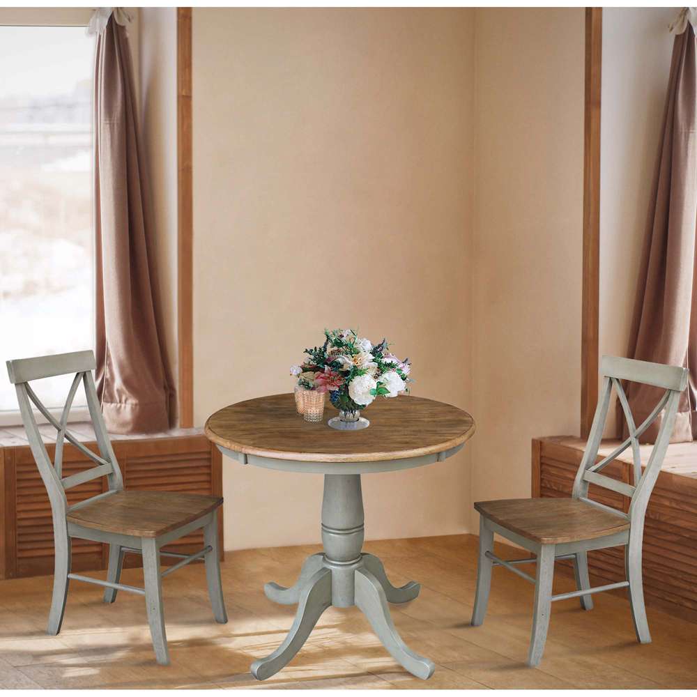 International Concepts (Set of 3 Pcs) -30in Round Top Ped Table with 2 X-Back Chairs in Hickory/Stone Finish - K41-30RT-C613-2 veiw 3