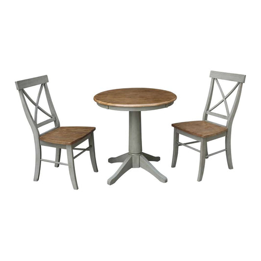 International Concepts (Set of 3 Pcs) -30in Round Top Ped Table with 2 X-Back Chairs in Hickory/Stone Finish - K41-30RT-27B-C613-2 veiw 1