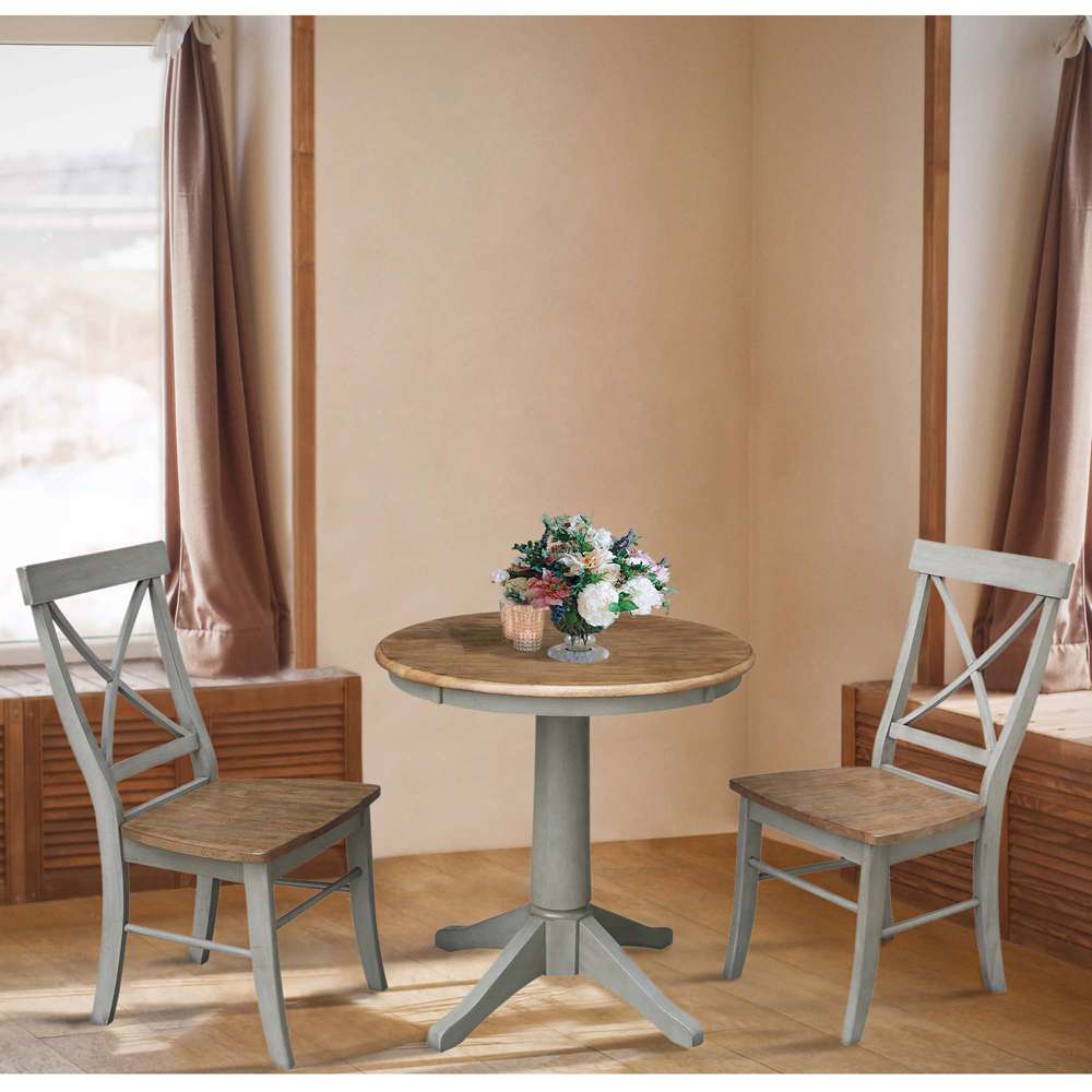 International Concepts (Set of 3 Pcs) -30in Round Top Ped Table with 2 X-Back Chairs in Hickory/Stone Finish - K41-30RT-27B-C613-2 veiw 3