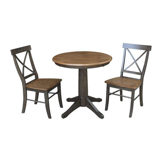 International Concepts (Set of 3 Pcs) -30in Round Top Ped Table with 2 X-Back Chairs in Hickory/Washed Coal Finish - K45-30RT-27B-C613-2 veiw 1