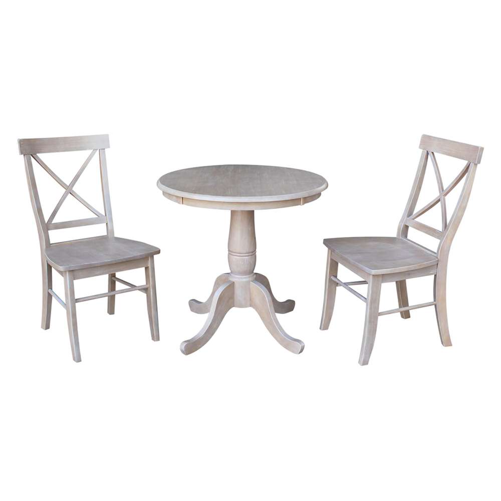 International Concepts (Set of 3 Pcs) -30in Round Top Ped Table with 2 X-Back Chairs in Washed Gray Taupe Finish - K09-30RT-C613-2 veiw 1