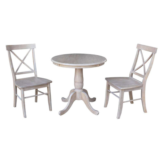 International Concepts (Set of 3 Pcs) -30in Round Top Ped Table with 2 X-Back Chairs in Washed Gray Taupe Finish - K09-30RT-C613-2 veiw 1