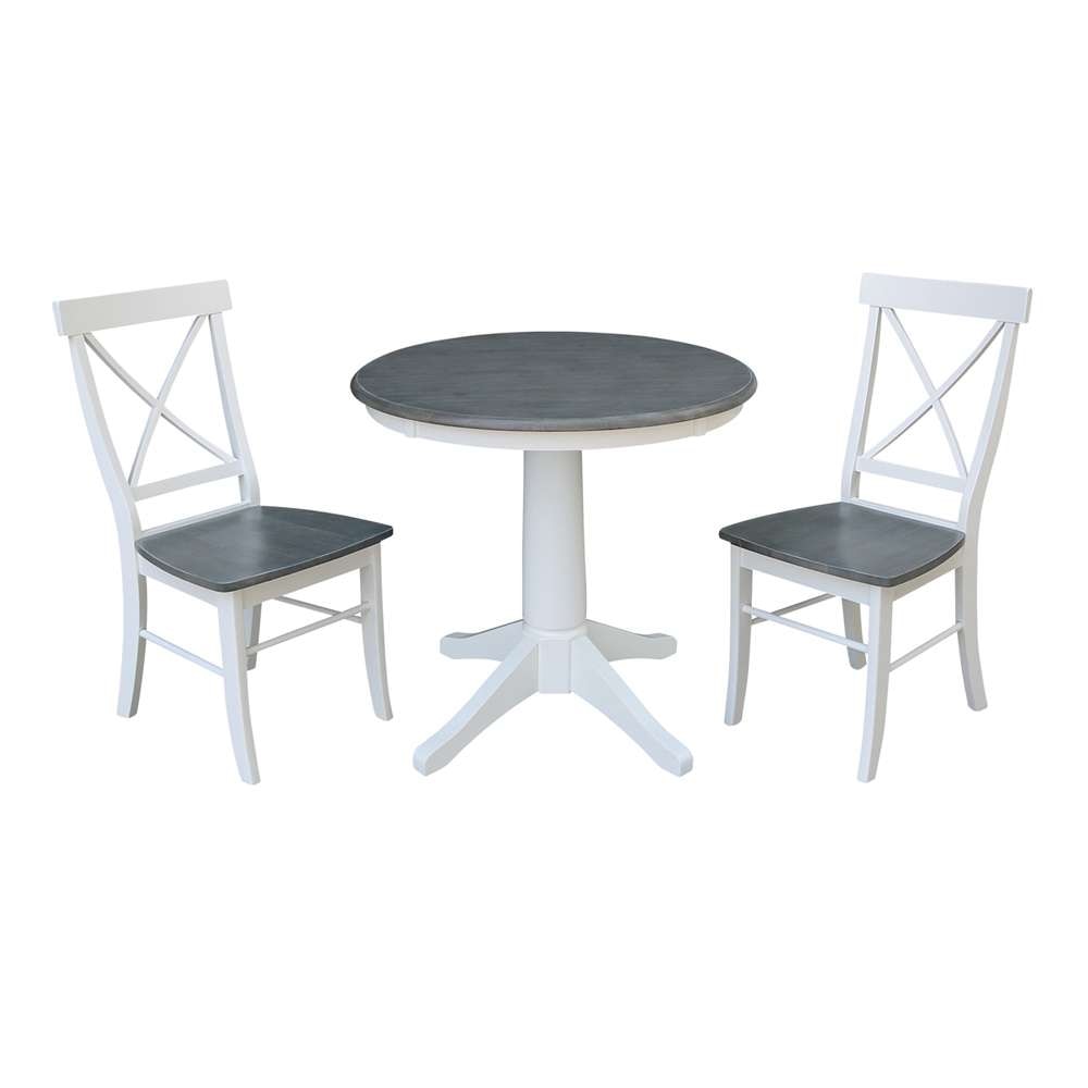 International Concepts (Set of 3 Pcs) -30in Round Top Ped Table with 2 X-Back Chairs in White/Heather Gray Finish - K05-30RT-27B-C613-2 veiw 1