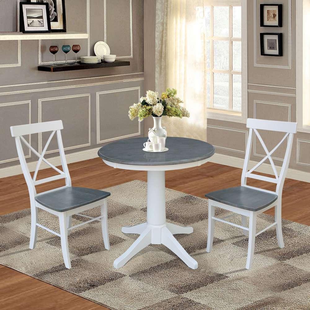 International Concepts (Set of 3 Pcs) -30in Round Top Ped Table with 2 X-Back Chairs in White/Heather Gray Finish - K05-30RT-27B-C613-2 veiw 3