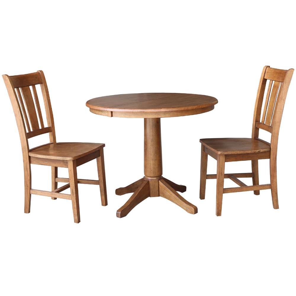 International Concepts (Set of 3 Pcs) - 36in Round Extension Dining Table with 2 RTA Chairs in Distressed Oak Finish - K42-36RXT-27B-C10-2 veiw 1