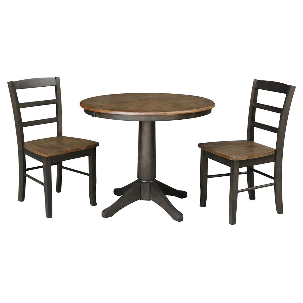 International Concepts (Set of 3 Pcs) - 36in Round Extension Dining Table with 2 RTA Chairs in Hickory/Washed Coal Finish - K45-36RXT-27B-C2-2 veiw 1