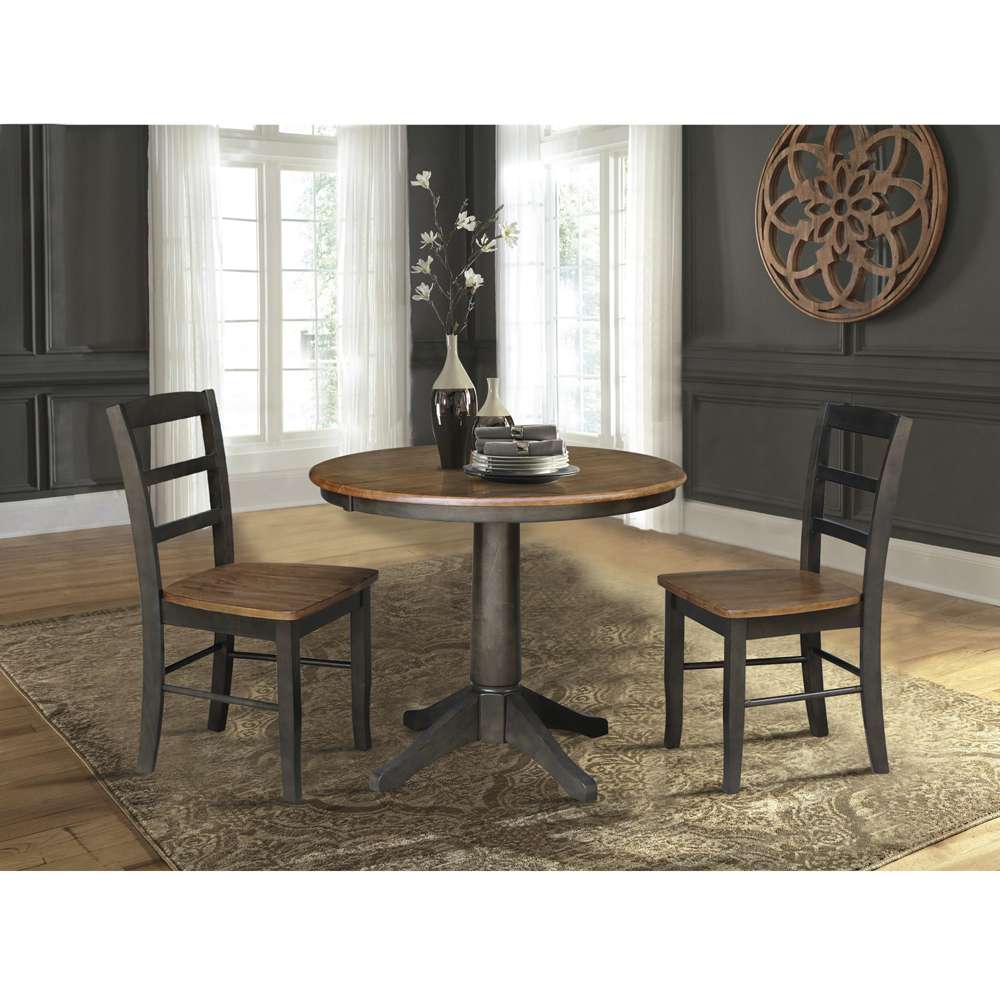 International Concepts (Set of 3 Pcs) - 36in Round Extension Dining Table with 2 RTA Chairs in Hickory/Washed Coal Finish - K45-36RXT-27B-C2-2 veiw 3