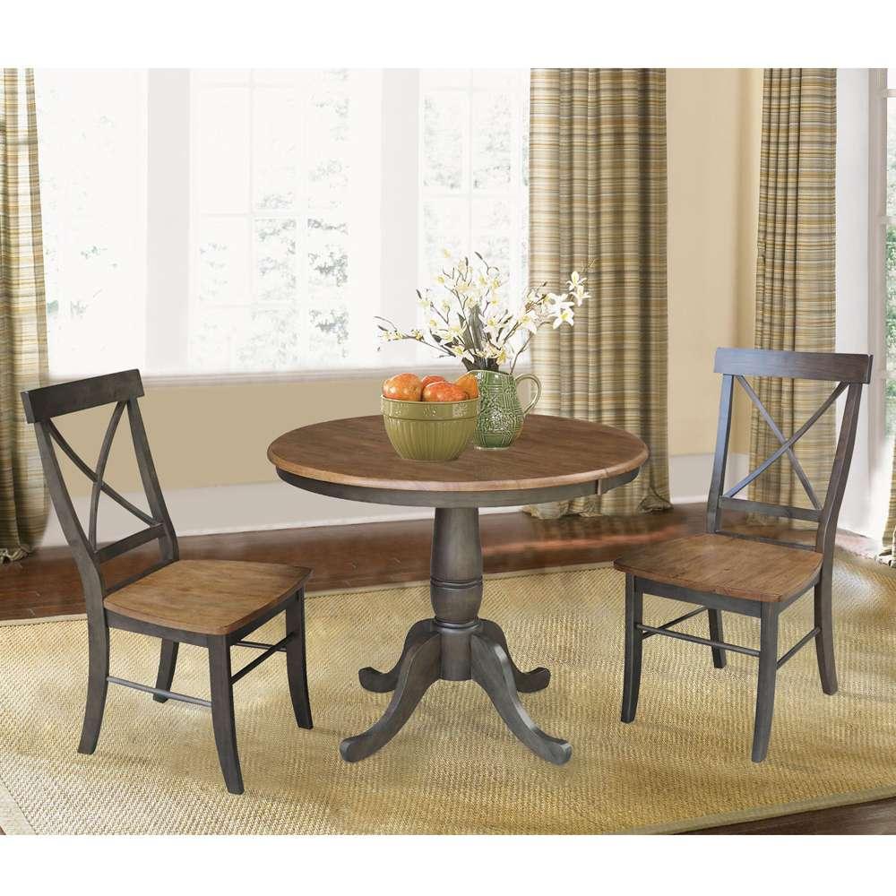 International Concepts (Set of 3 Pcs) - 36in Round Extension Dining Table with 2 RTA Chairs in Hickory/Washed Coal Finish - K45-36RXT-C613-2 veiw 3