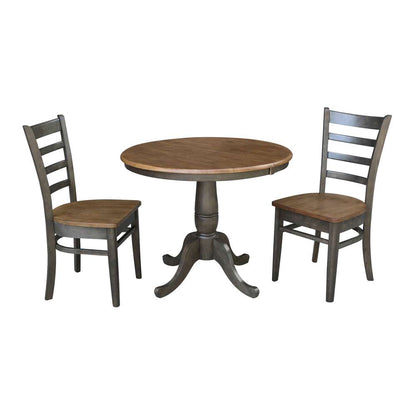 International Concepts (Set of 3 Pcs) - 36in Round Extension Dining Table with 2 RTA Chairs in Hickory/Washed Coal Finish - K45-36RXT-C617-2 veiw 1