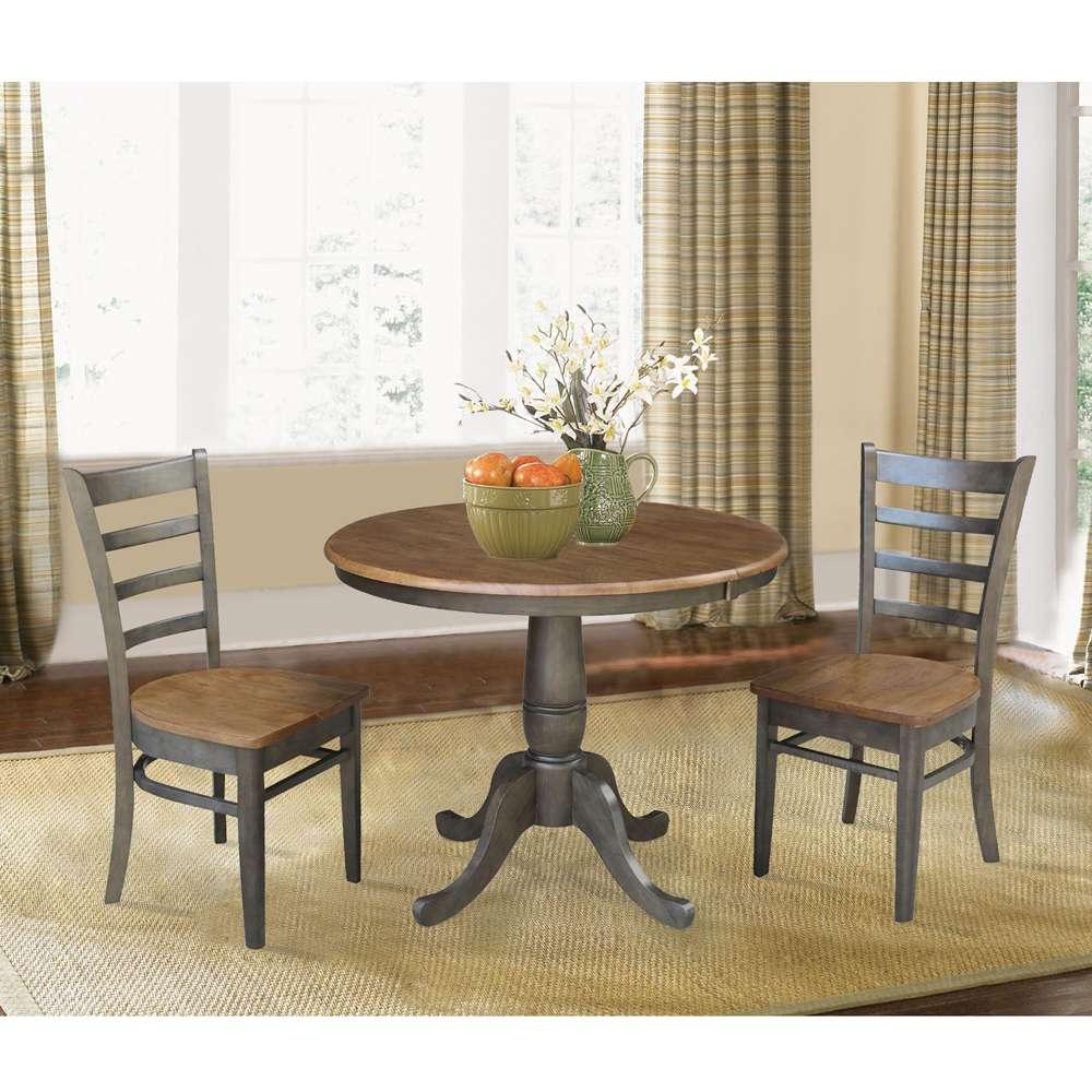 International Concepts (Set of 3 Pcs) - 36in Round Extension Dining Table with 2 RTA Chairs in Hickory/Washed Coal Finish - K45-36RXT-C617-2 veiw 3
