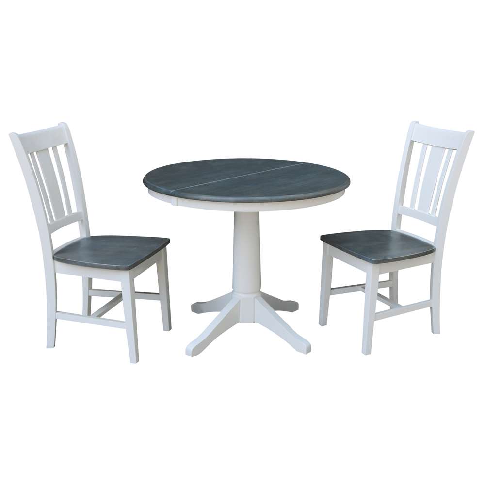 International Concepts (Set of 3 Pcs) - 36in Round Extension Dining Table with 2 RTA Chairs in White/Heather Gray Finish - K05-36RXT-27B-C10-2 veiw 1