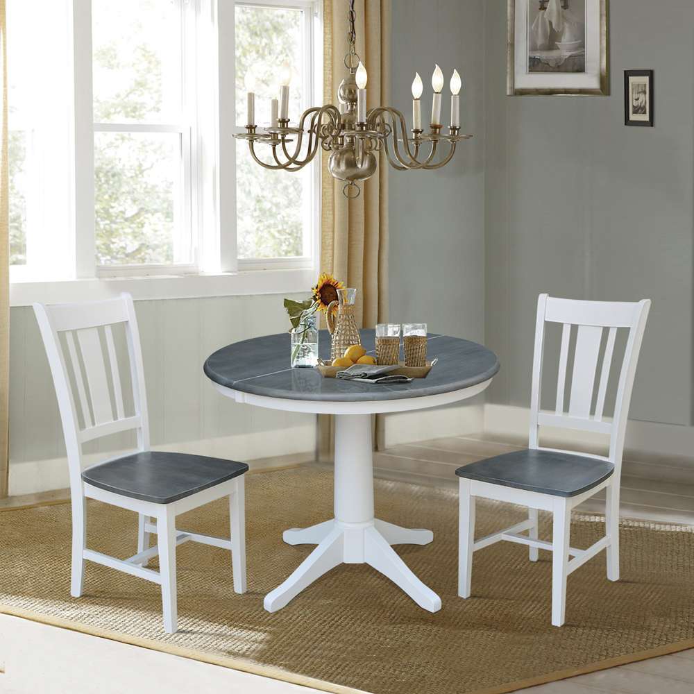 International Concepts (Set of 3 Pcs) - 36in Round Extension Dining Table with 2 RTA Chairs in White/Heather Gray Finish - K05-36RXT-27B-C10-2 veiw 3