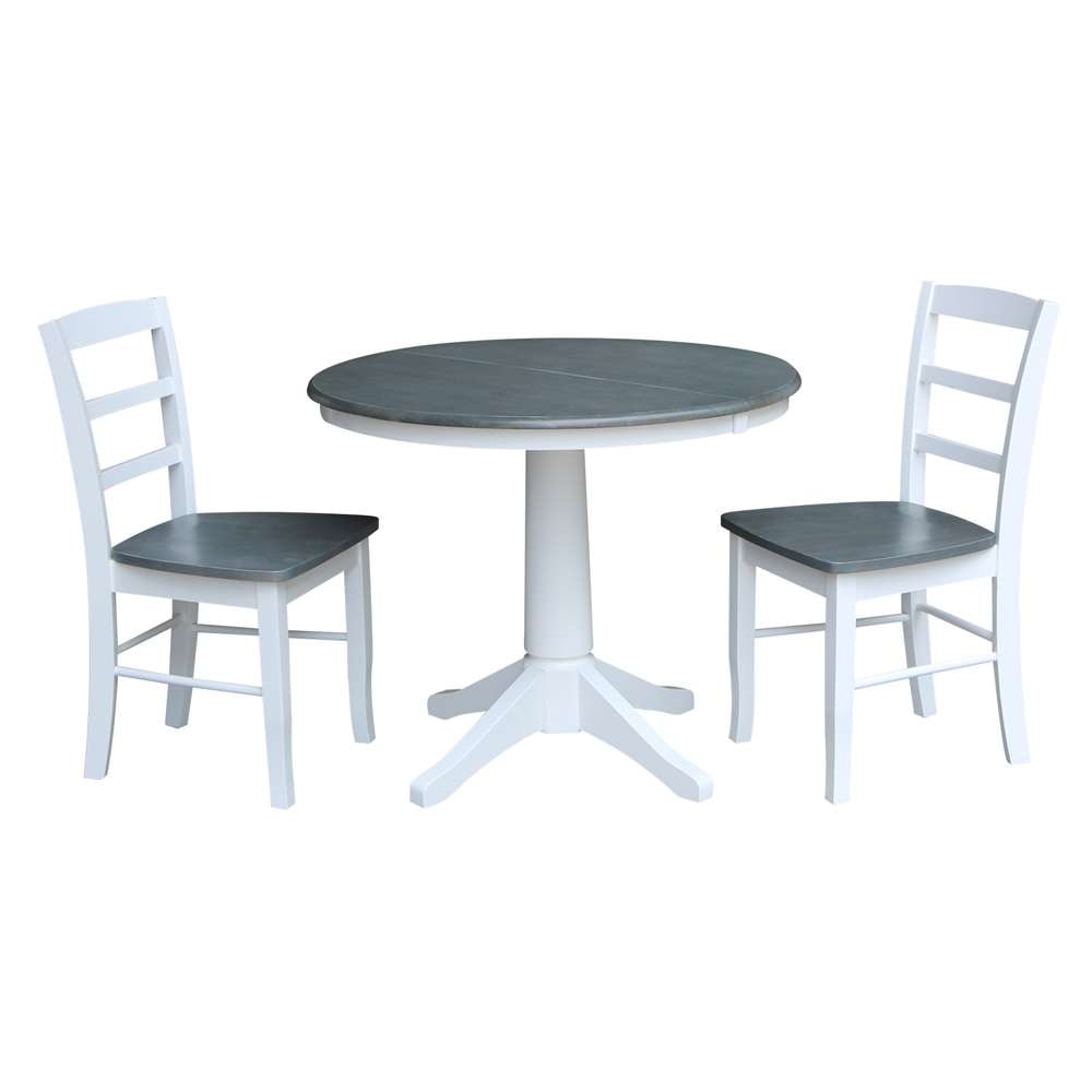 International Concepts (Set of 3 Pcs) - 36in Round Extension Dining Table with 2 RTA Chairs in White/Heather Gray Finish - K05-36RXT-27B-C2-2 veiw 1