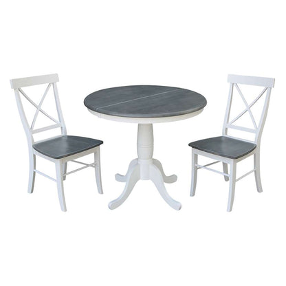 International Concepts (Set of 3 Pcs) - 36in Round Extension Dining Table with 2 RTA Chairs in White/Heather Gray Finish - K05-36RXT-C613-2 veiw 1