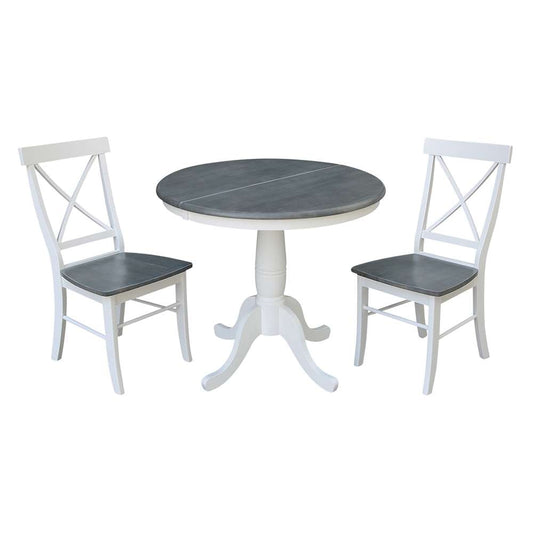 International Concepts (Set of 3 Pcs) - 36in Round Extension Dining Table with 2 RTA Chairs in White/Heather Gray Finish - K05-36RXT-C613-2 veiw 1